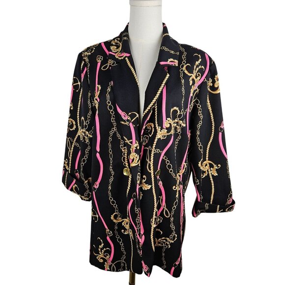 Frank Lyman Montreal Crepe Knit Collared Jacket Size 18 Black Pink Equestrian - Picture 3 of 11